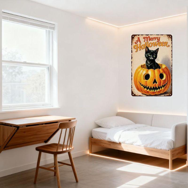 Vintage Halloween Poster A Merry Halloween Kitten in Carved Pumpkin Tin Sign Retro Spooky Cute Metal Wall Decor for Home Bar Pub