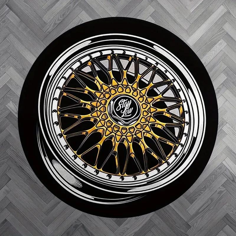 Silvery Black Wheels Printing Round Carpet Living Room Bedroom Kitchen Bathroom Floor Mat Soft Circle Rug Birthday Decor