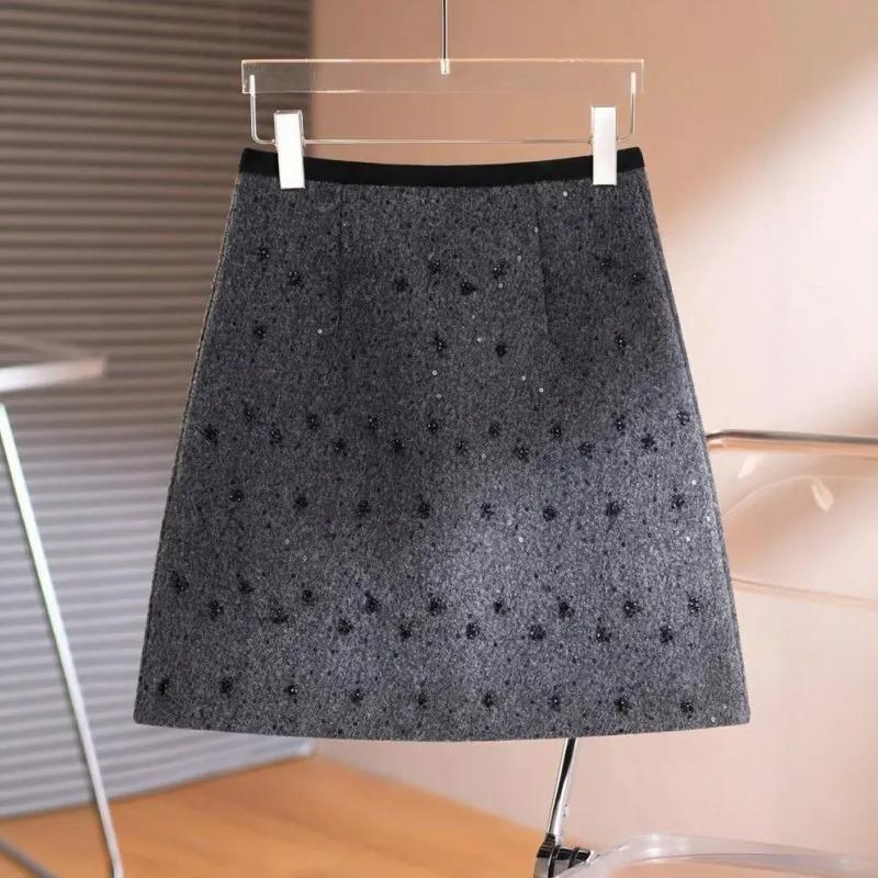 Womens Black Wool Blend Mini Skirt Casual High Waist A-Line Sequin Beaded Short Skirt