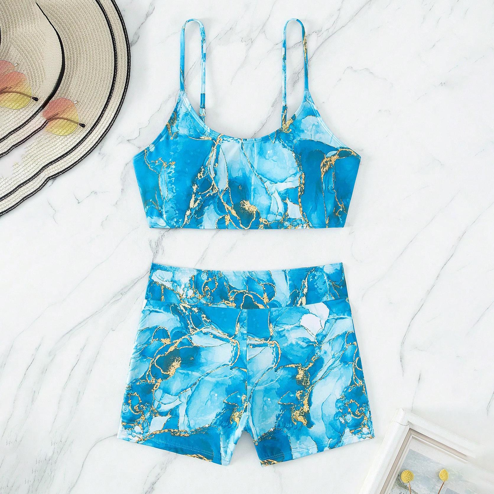 

Купальник женский, разделенный комплект из двух предметов, с высокой талией, без рукавов, верхняя рубашка, бикини с кулиской и принтом M