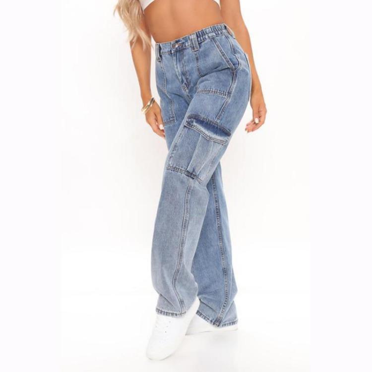 Jeans Cargo Larghi Dritti Casual da Donna con Tasche Multiple Pantaloni da Donna
