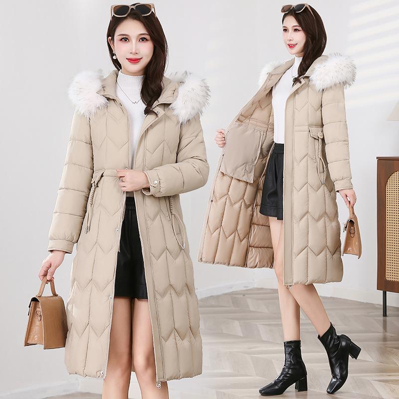 Down cotton-padded clothes women's long models, new waist cotton-padded clothes, slim and thin, knee-thickened cotton-padded jackets