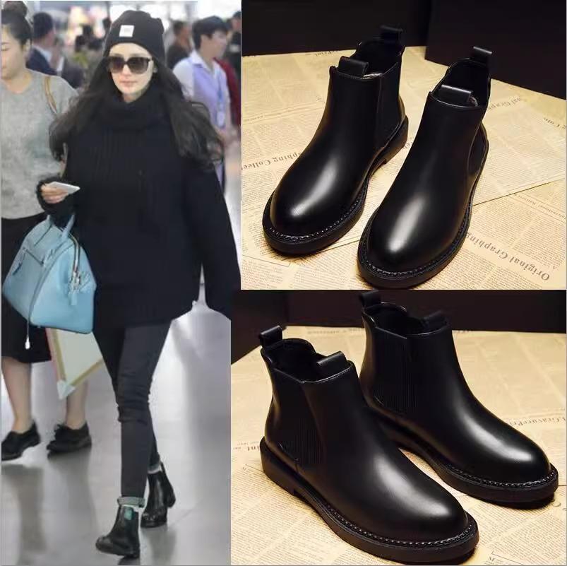 Year flat women's short boots leather autumn and winter new Martin boots velvet thick-soled Chelsea boots thick heel single boots