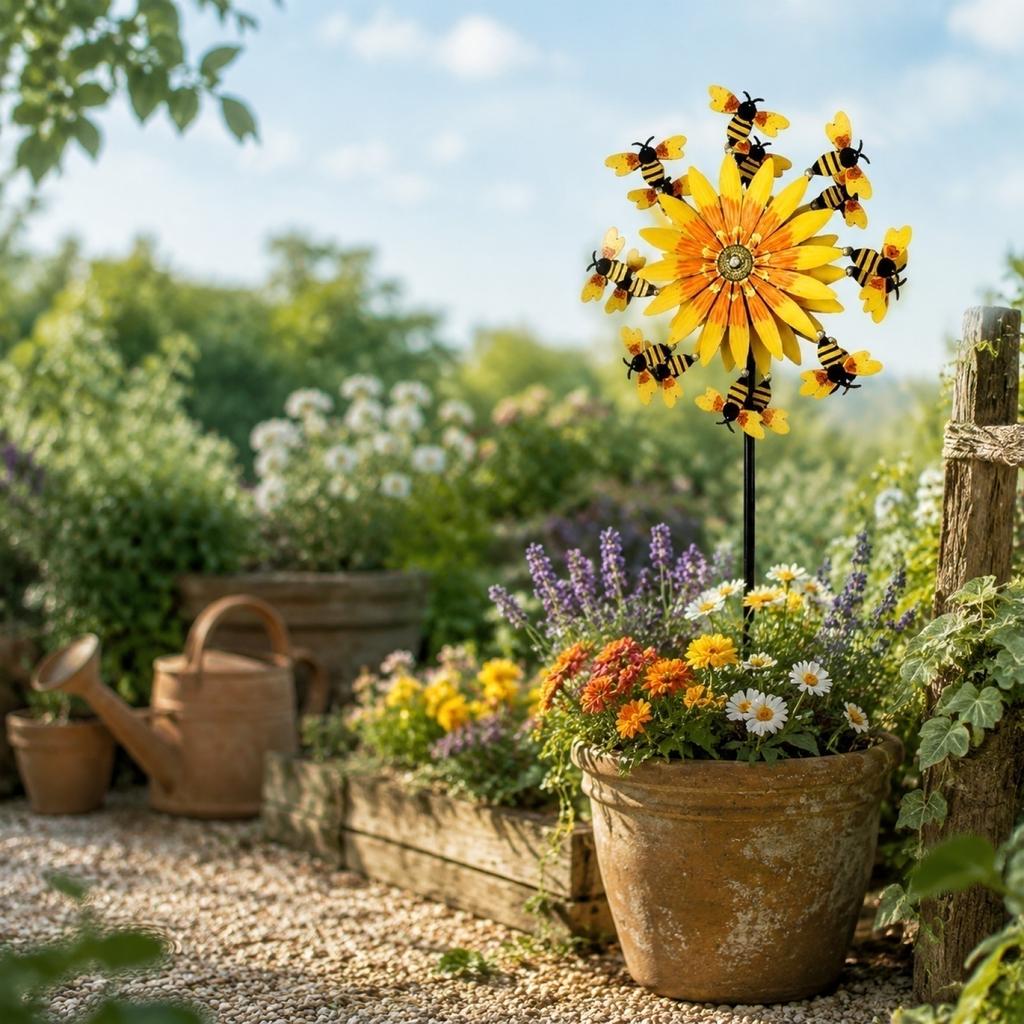 Metal Sunflower Garden Spinner with Rotating Bee Decorations Outdoor Yard Windmill Decorative Lawn Ornament for Patio Lawn