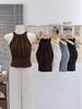 Dames gebreide camisole met halternek en nep nertsbont, met borstkussentjes, sexy mouwloos topje voor Herfst/Winter