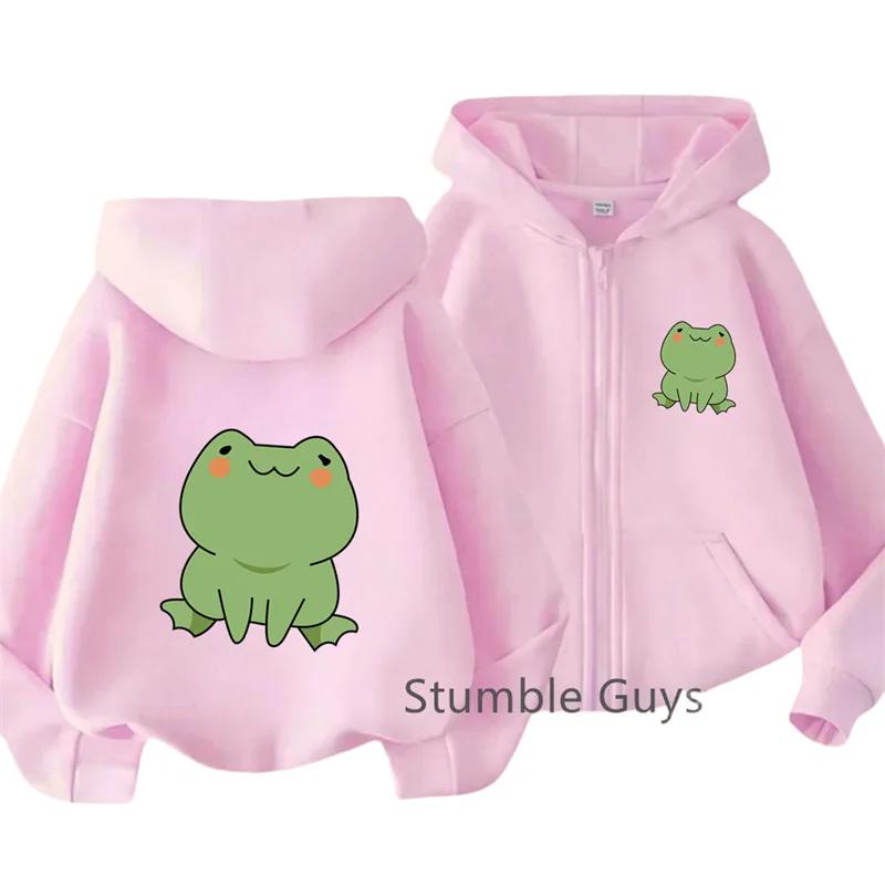 Simple Blush Green Frog Front Back Graphic Zip Up Hoodie For Kids Boys Girls Long Sleeve Soft Cute Cartoon Casual Autumn Jacket