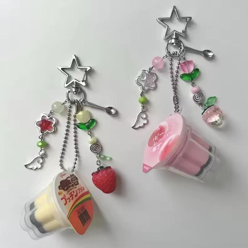 1 Piece Love Shaped Japanese Pudding Keychain Pink Yellow Egg Flan Charm Y2K Retro Aesthetic Beaded Accessory