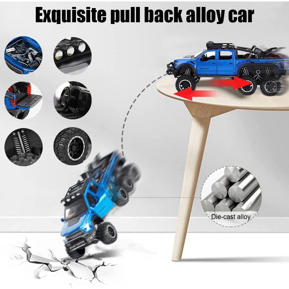1/24 Scale Toy Pickup Trucks, Truck Toy, Ford F150 Diecast Metal Pickup with Sound and Light, 6x6 Off-Road Pull Back Trucks with Motorcycle for Kids