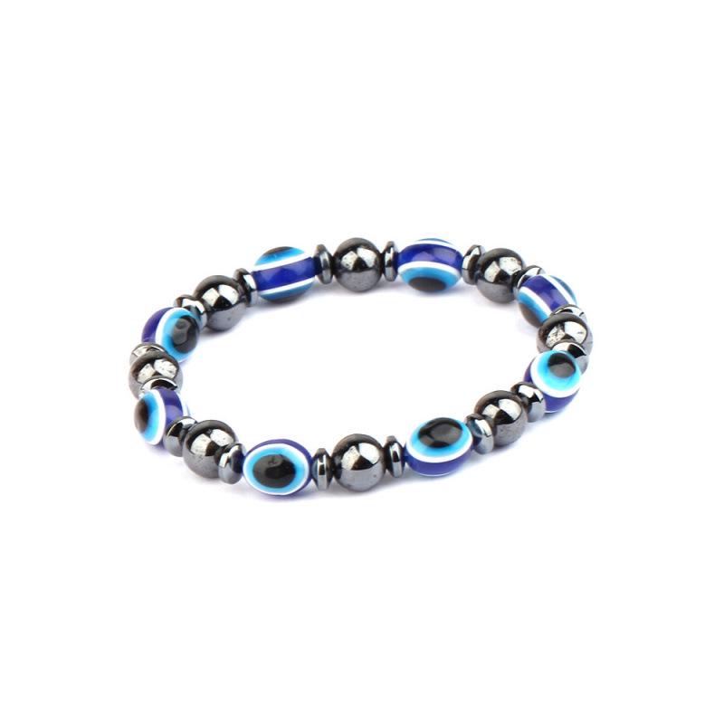 Black Stone Elastic Bracelet with Blue Eye Oval Beads for Men & Women