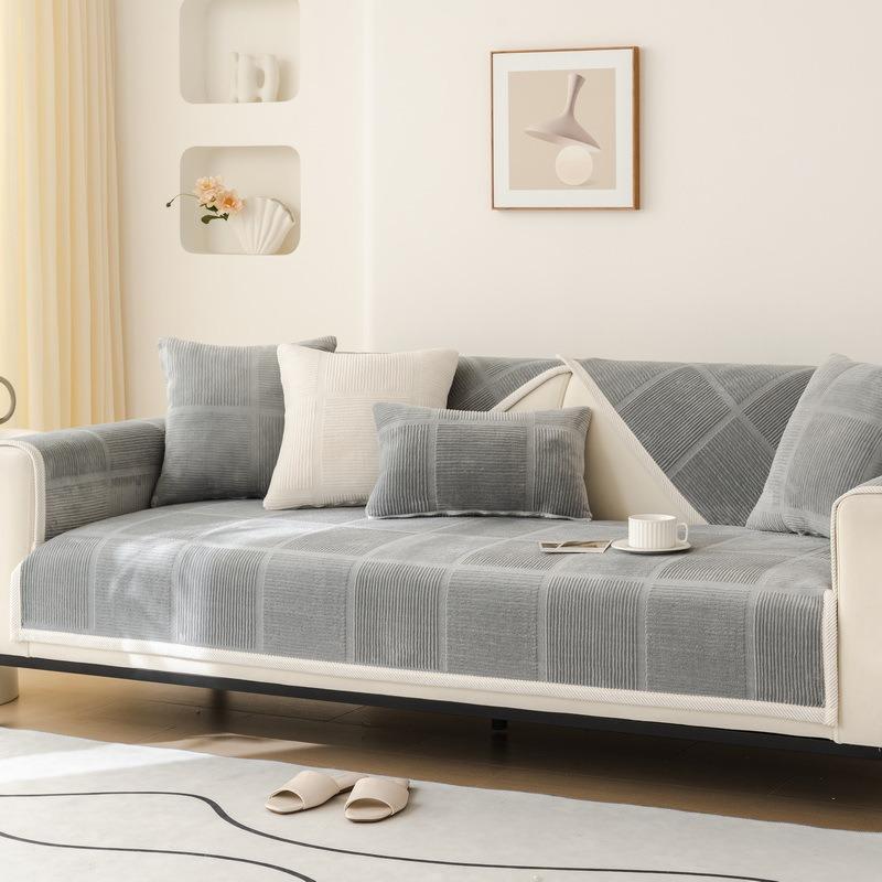 Luxuriöser einfarbiger Samt-Steppsofaüberwurf, rutschfester Sofabezug, Winterwarmes Kurzplüsch-Sofa-Handtuch für Wohnzimmer