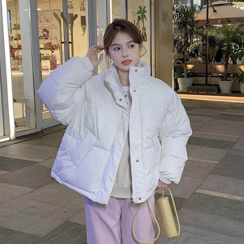 Down Cotton-padded Jacket for Female Students in Winter New Design Short Style Blue Stand-up Collar Puff Bread Jacket