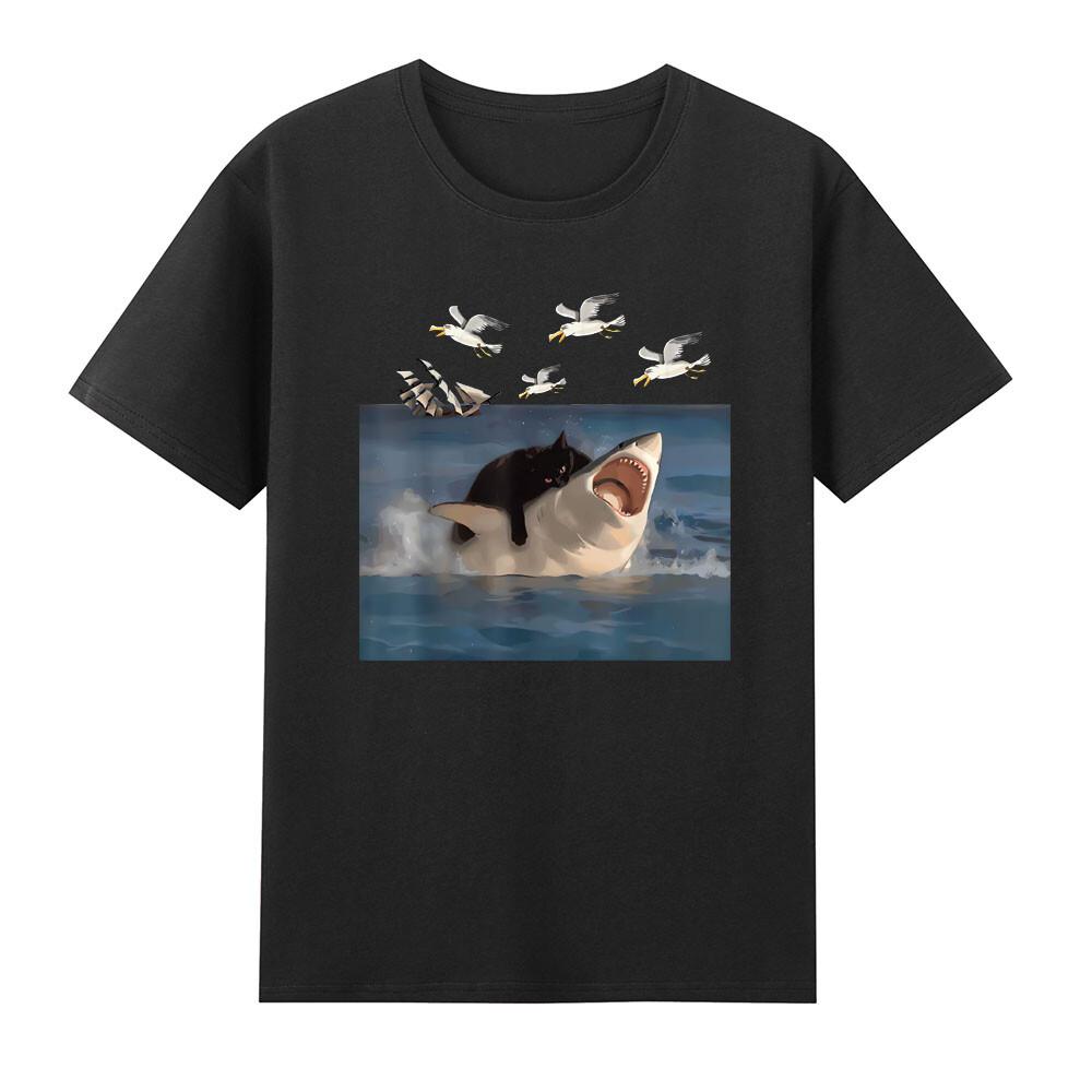 Cat Biting Shark Funny Cat And Shark Graphic Meme TShirt S