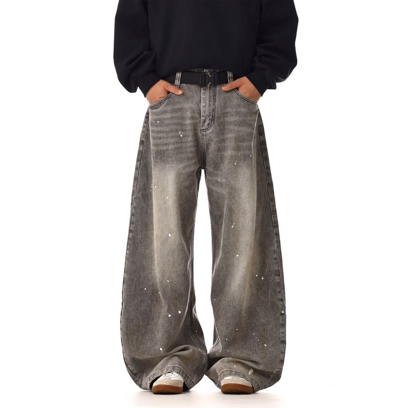 Retro Washed Distressed Splash Ink Jeans Men's and Women's Fashion Brand High-Grade American Street Couple Loose Casual Pants