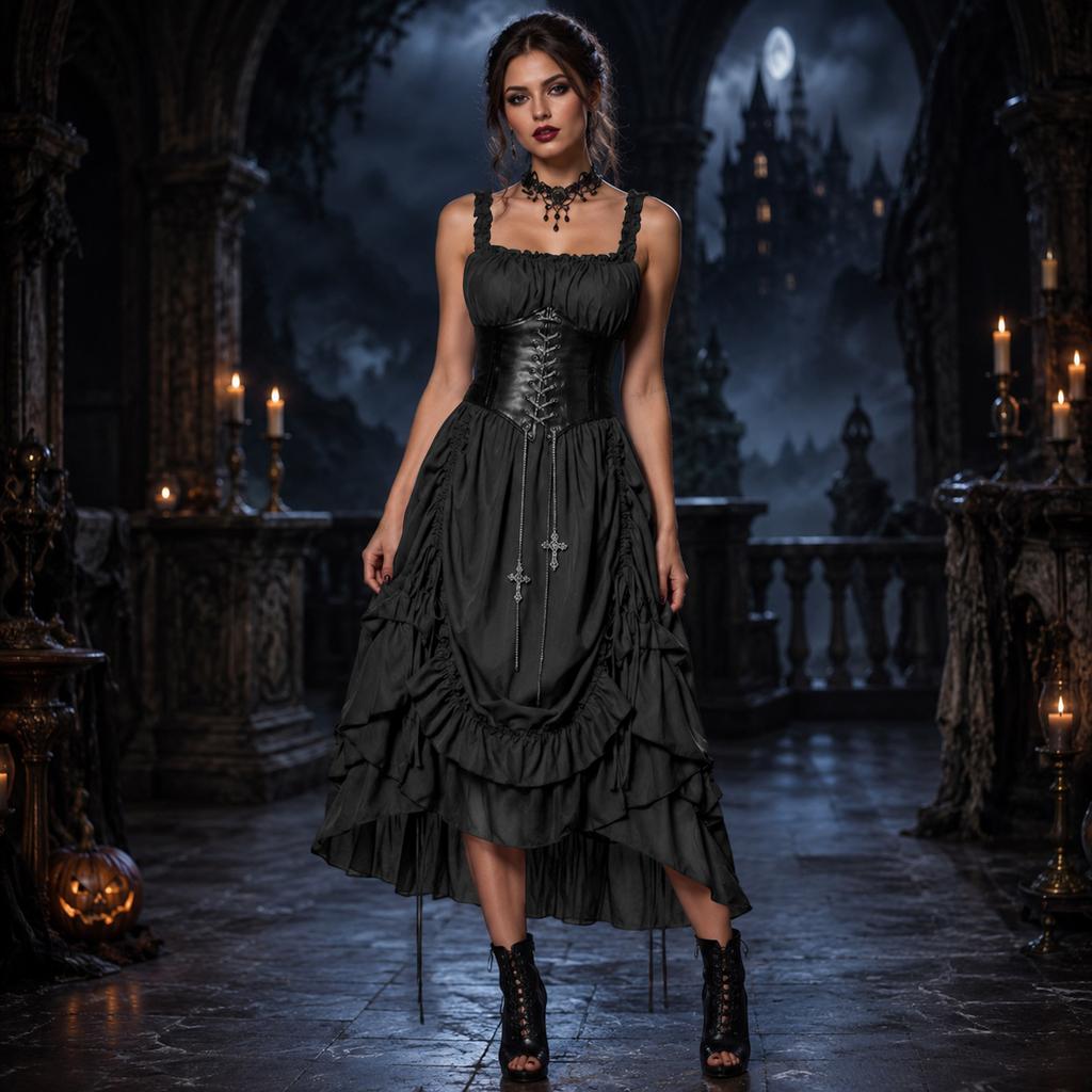 Gotische Jurk en Ketting Set voor Dames voor Halloweenfeest, Corsetriem Niet Inbegrepen