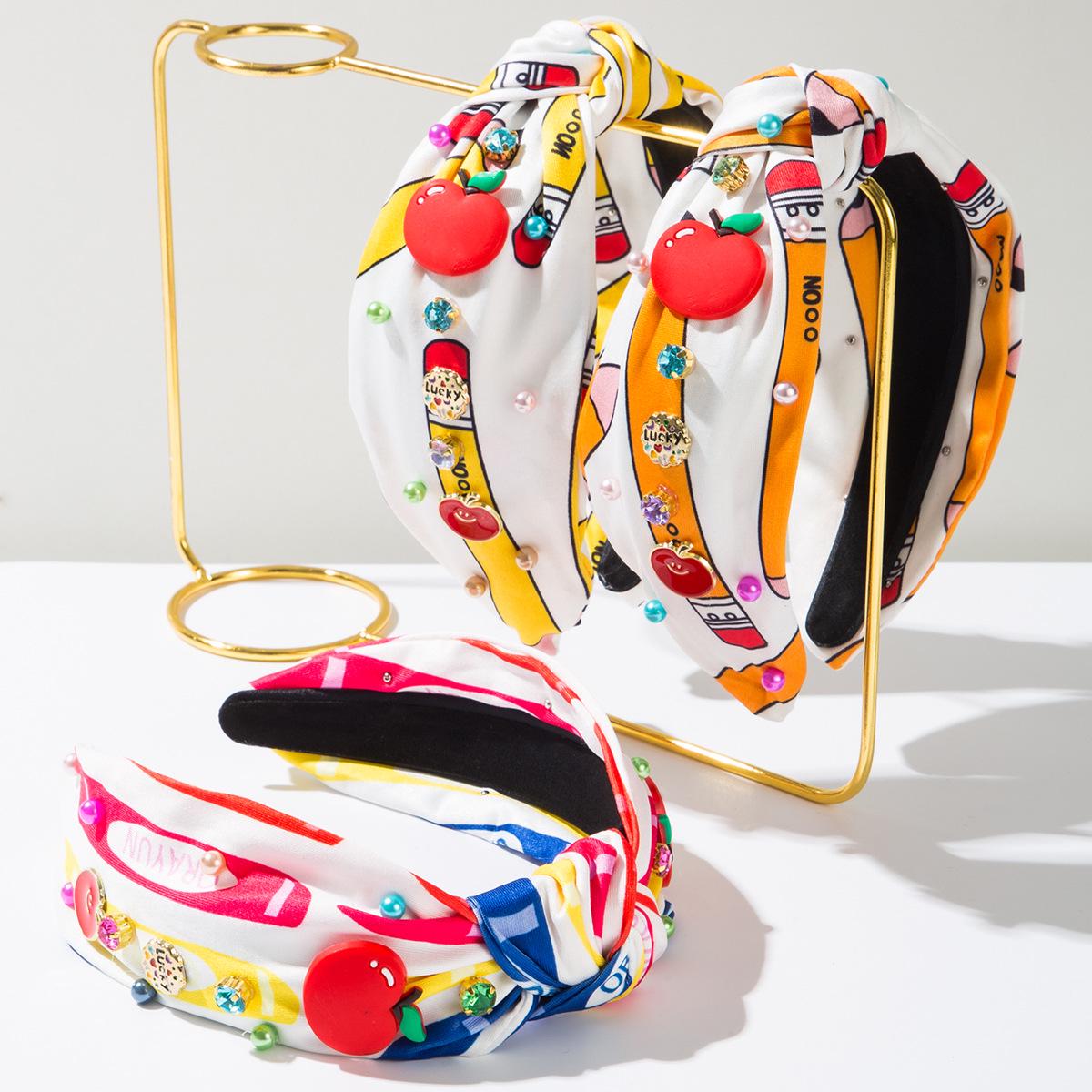 

Youthful Red Apple Fabric Headband with Rhinestones & Pearls - Perfect for Back-to-School & College Fashion жовтий