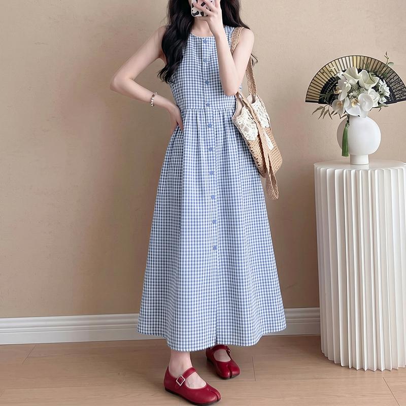 ZANZEA Women Casual Round Neck Sleeveless Plaid Print Long Dress