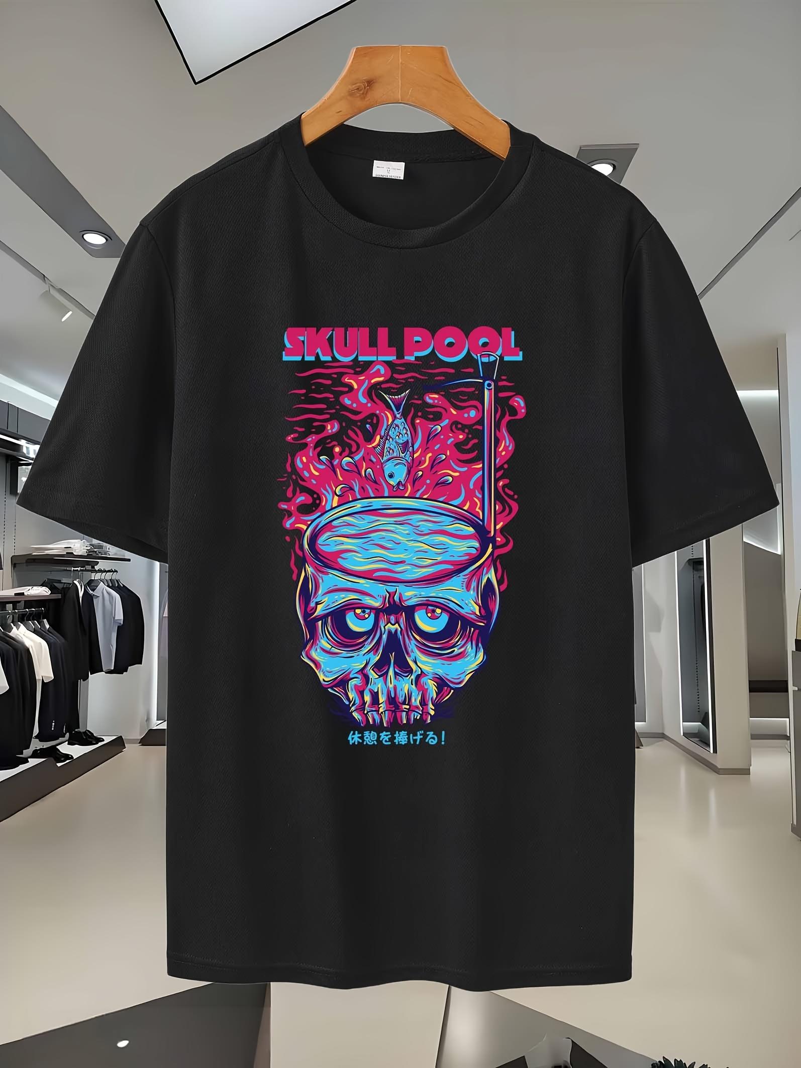 

57G Breathable Mesh Fitness T-shirt with Skull Pool Graphic Print - Moisture-Wicking Sportswear for Gym S