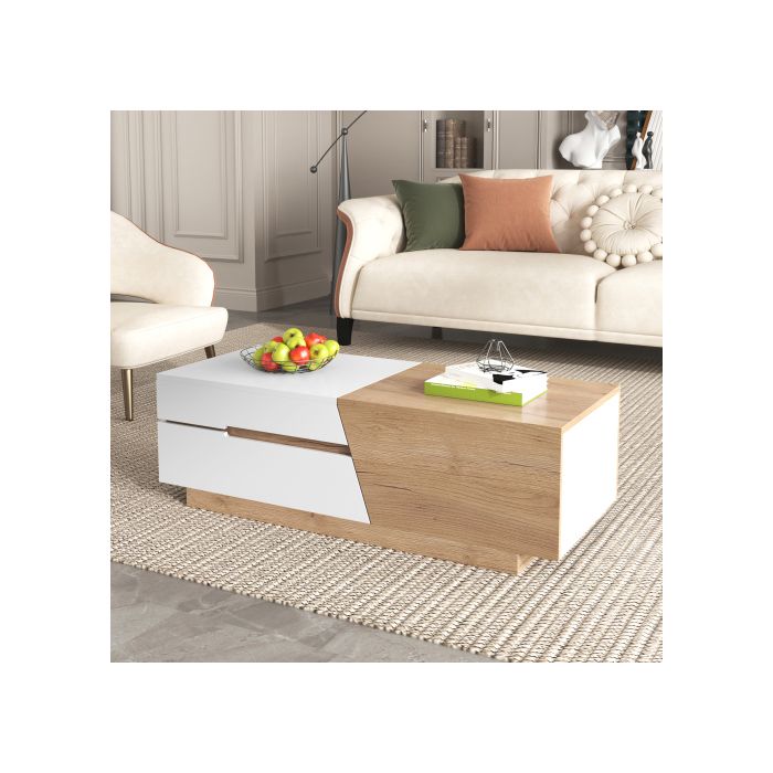 Table Basse Extensible, Table De Salon Avec Tiroirs, Table D'appoint Avec Structure En Blocs De Couleur