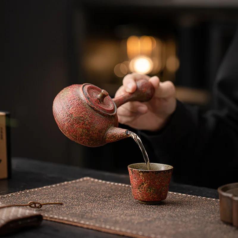 Manshanhong Series Old Rock Mud Teapot Ceramic Single Pot for Home Office Retro Kung Fu Tea Ceremony Brewing Set Chinese Style