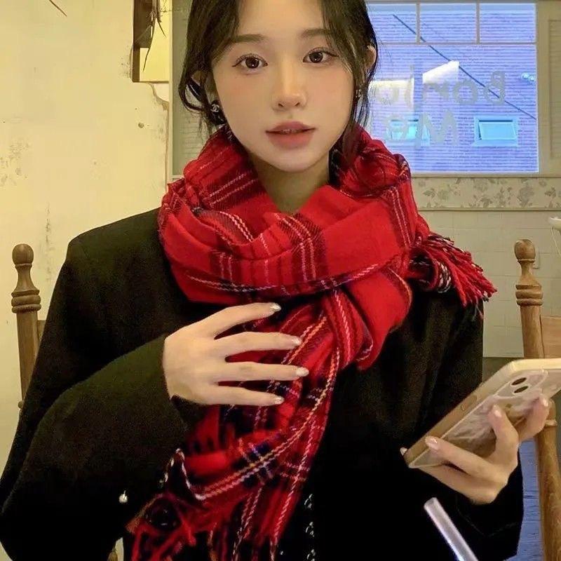 Red Plaid Warm Tassel Atmosphere Scarf Birthday Christmas Gift Winter Versatile Student Couple Shawl Women