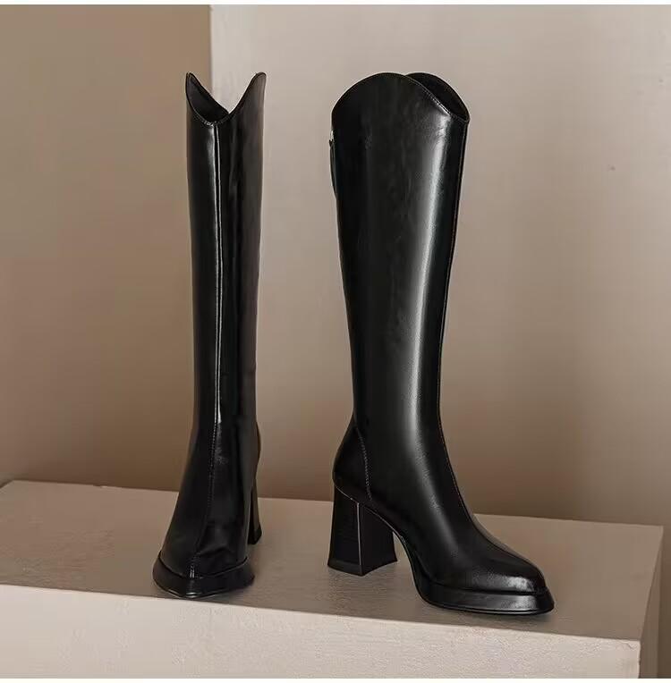 

модные новые популярные женские сапоги с заостренным носком на среднем каблуке для женщин, уличные туфли на молнии, высокие на платформе, женские современные сапоги 43 чёрный