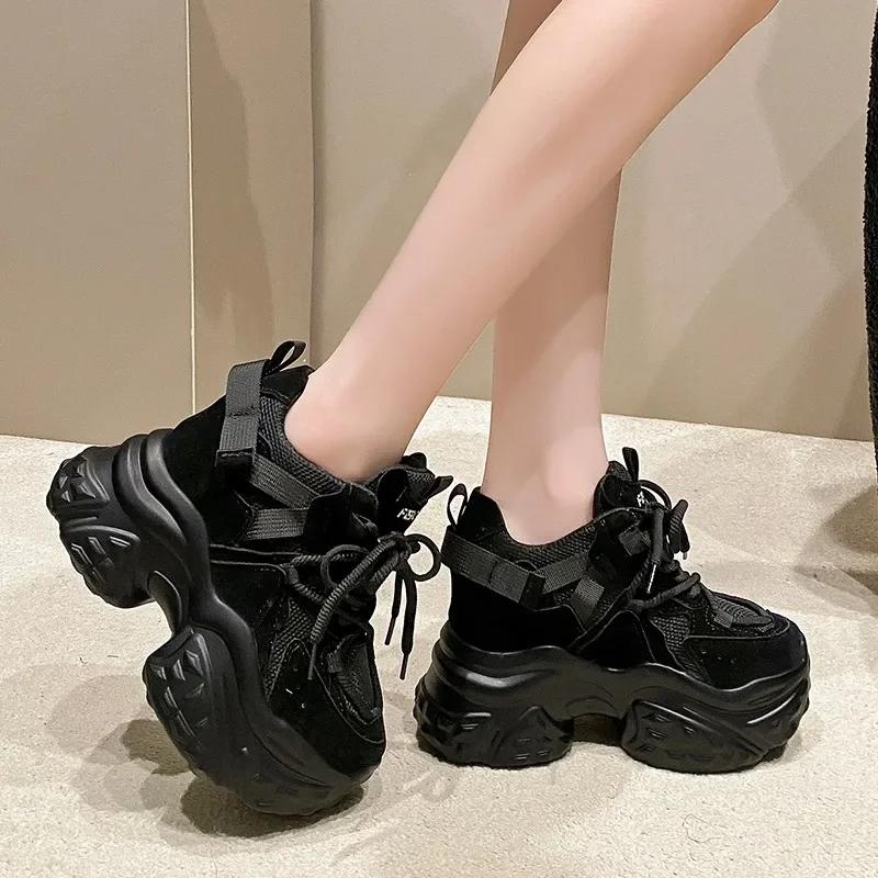 Fashion 11CM Women Mesh Chunky Sneakers 2024 Autumn High Platform Shoes Ladies New Wedges Casual Shoes Woman Sports Dad Leather Sneakers