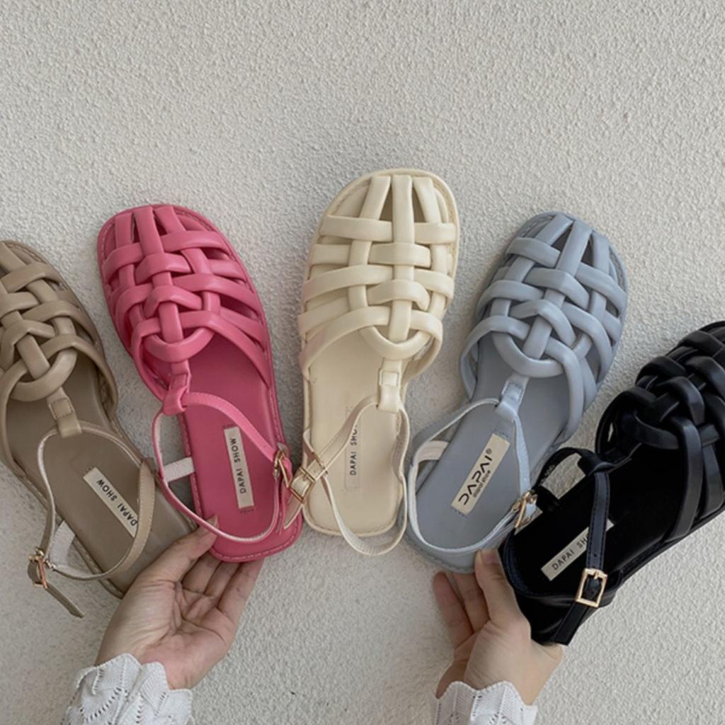 Fransk veskehode hule sandaler dame 2025 ny sommer vevd flate nisje retro strand romerske sko