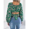 QICED Autumn Floral Lantern-sleeved, Lace-up, Waist-cinching Chiffon Blouse, Crop Top for Women