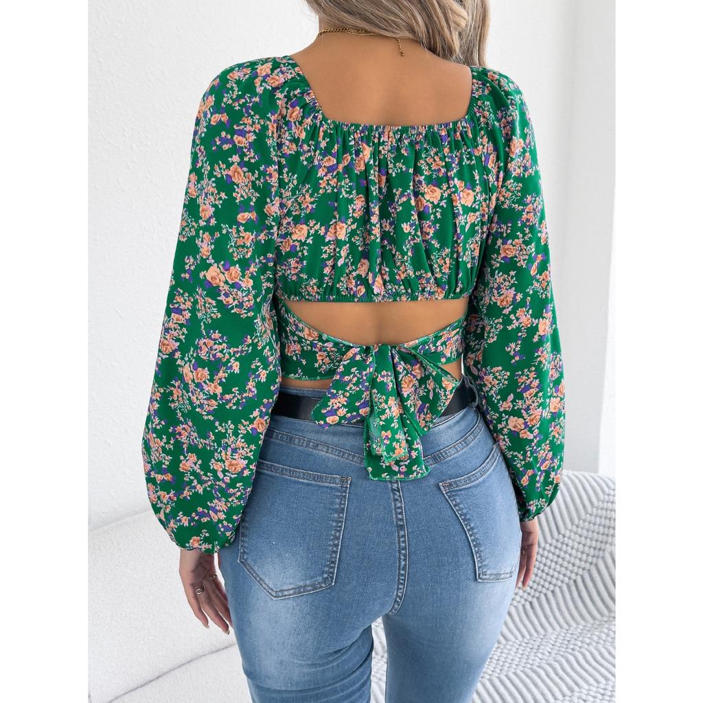 QICED Autumn Floral Lantern-sleeved, Lace-up, Waist-cinching Chiffon Blouse, Crop Top for Women