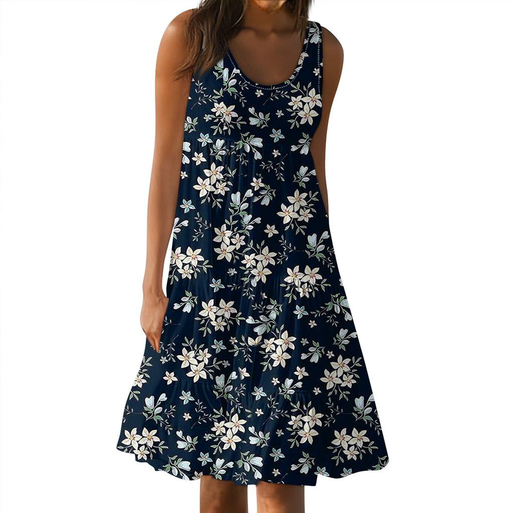 Women Summer Spring Pleated Bohemian Dresses Cute Sleeveless Flowing Beach Straight T-Shirt Tank Dresses Round Neck Dresses