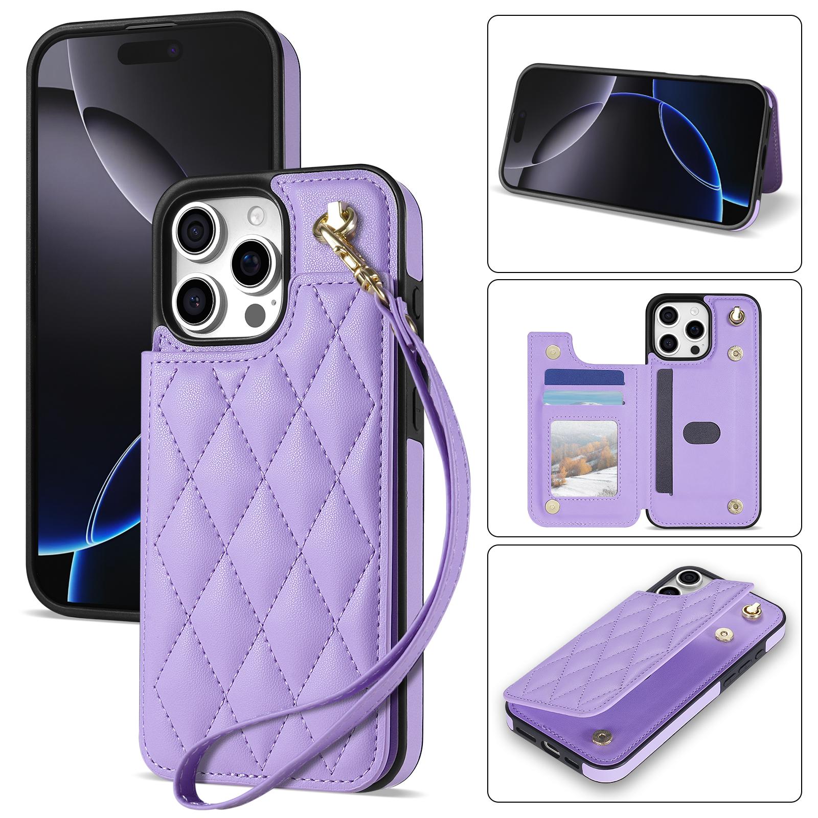 

For iPhone 15 Pro Max Case with Wrist Strap Card Slots Rhombus Leather+TPU Phone Cover Purple