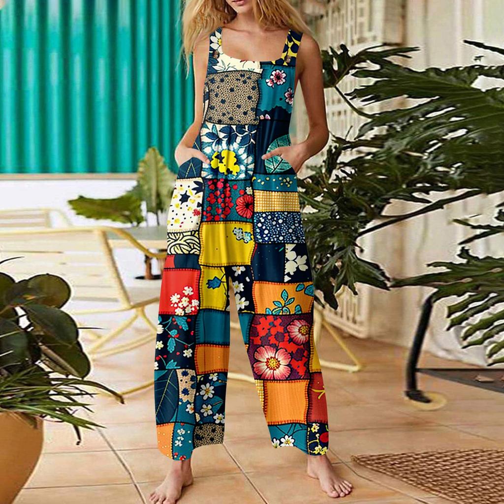 Women's Casual Straight Jumpsuit Sleeveless Bohemian Printed Jumpsuit