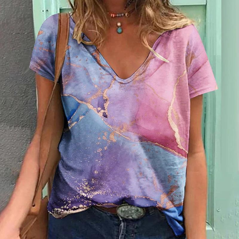 Trendiges Damen-T-Shirt mit V-Ausschnitt und kurzen Ärmeln, 3D-Druck mit Farbverlauf und Wassertropfenmuster