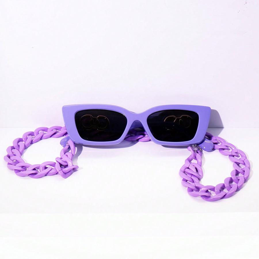 Fashionable Cat Eye Purple Chain Trendy Y2k Style Women's Sunglasses Suitable for Party Street Wear