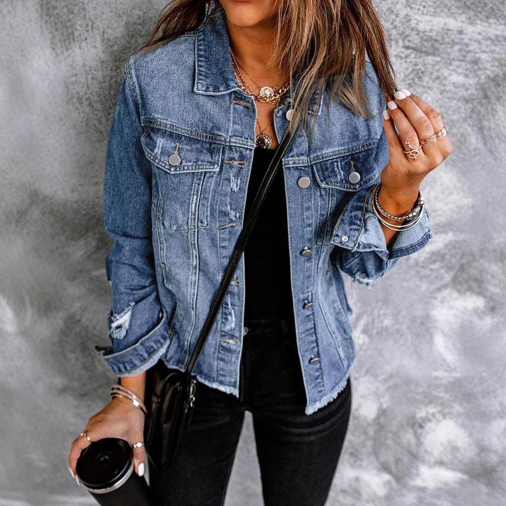 Women's Denim Lapel Jacket - Washed and Ripped, Long Sleeve, Non-Stretch, 2025 Collection.