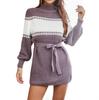 Spring Fall Patchwork Above Knee Mini Knitting Sweater Dress Women Casual Straight Half High Collar Full Lantern Sleeve Loose Waist Bandage S-XL