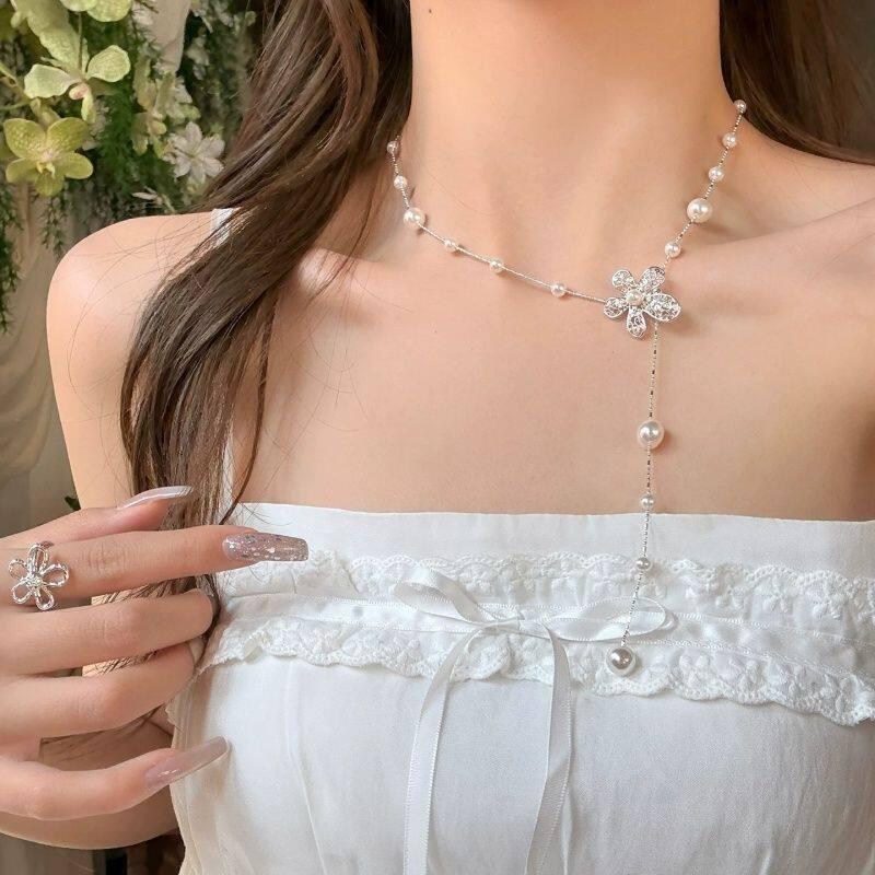 [Peach Tea] Flower Spring Day, Flower Pearl Long Necklace Women's New Seaside Clavicle Neck Chain Accessories
