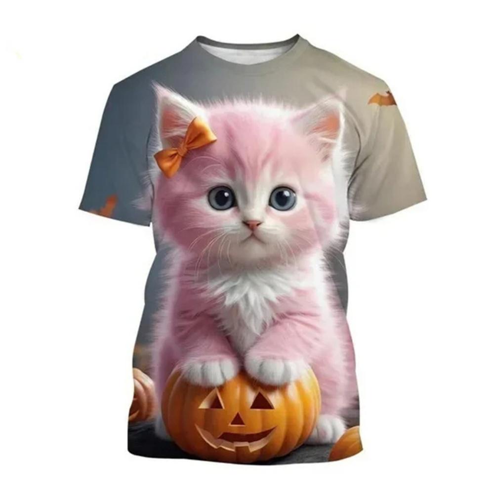 Fashion Korean Cute Cat Print Tees Children Girls Summer Clothes Kawaii Crew Neck