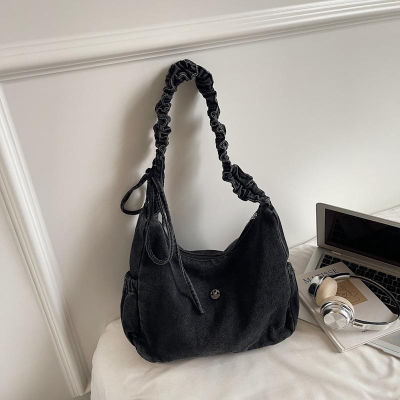 Korean Style Denim Casual Top Handle Bag Women Fashi Crossbody Bag Casual Lazy Fold Drawstring Texture and Simple Storage Bags чёрный