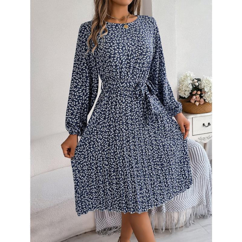 Damen Frühling Sommer Freizeit Langarm Blumen Plissee Kleid