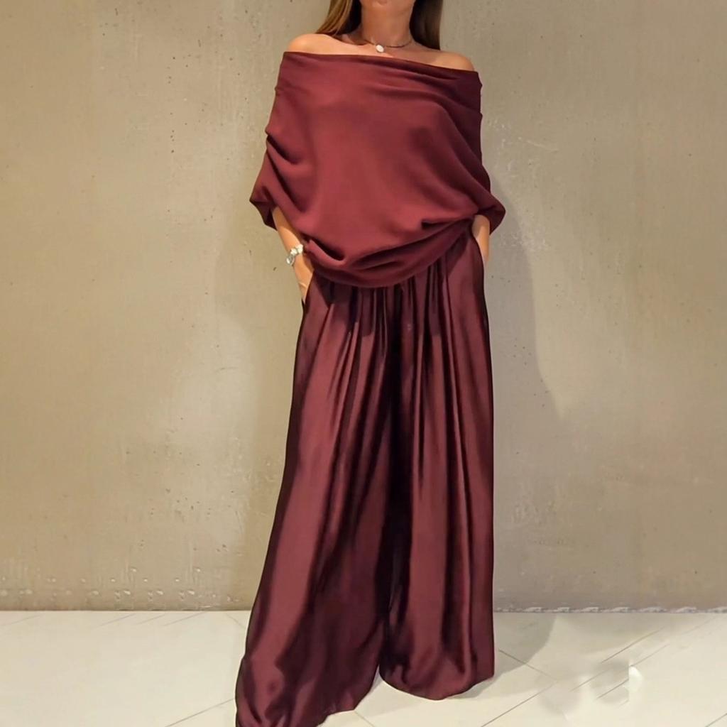 An Elegant Off-the-shoulder Top Paired with A Satin Wide-leg Pants Two-piece Set