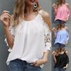 Ladies Top Hollow Lace Sleeves Spring Summer Loose Pure Color Shirt Blouse for Daily Wear