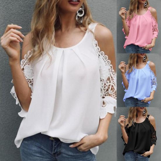Ladies Top Hollow Lace Sleeves Spring Summer Loose Pure Color Shirt Blouse for Daily Wear