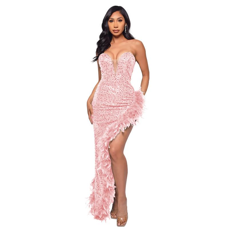 Women's Dress Long Haute Couture Strapless Backless Sequin Dress Feather Patchwork Gown