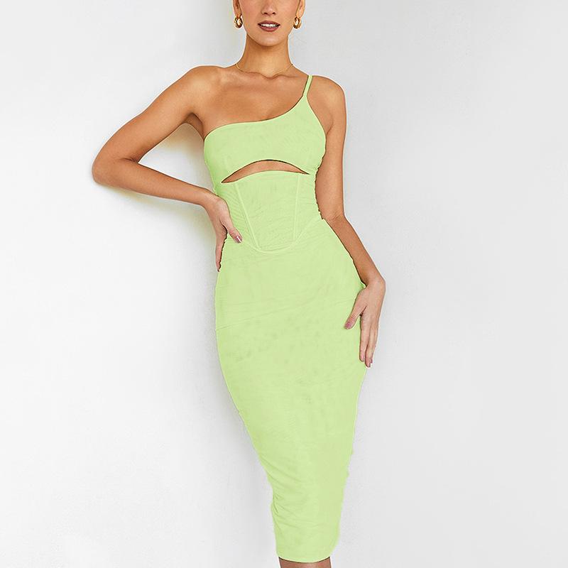 European and American summer women s clothing mesh yarn diagonal shoulder hollow fish bone backless hip skirt, European and American dress XS лимонно-желтый