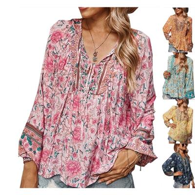 Spring Autumn Fitshinling Vintage Lantern Sleeve Top Female Clothing Bohemian Print Blouse Women Lace Up  Femme Shirts