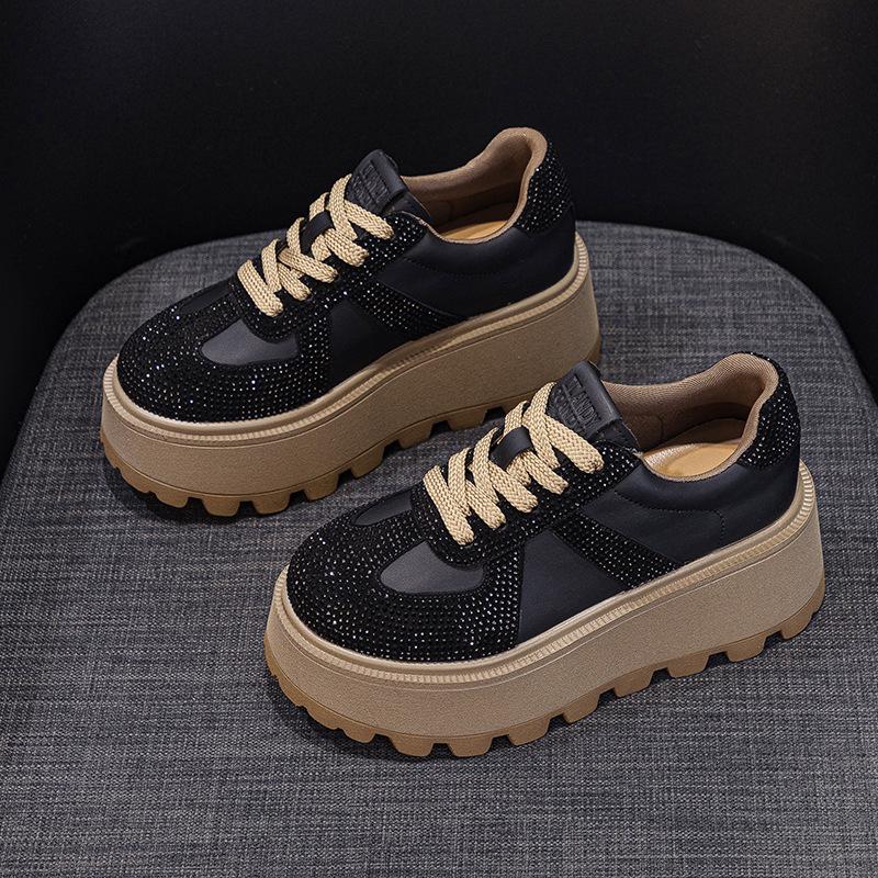 Thick-soled heightening German training shoes women's 2025 autumn models retro matte leather plus rhinestones casual fashion sports board shoes wome