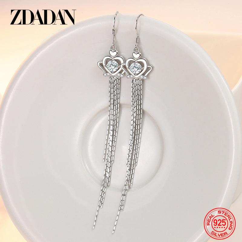 

925 Sterling Silver Crown Zircon Long Tassel Drop Earrings for Women Fashion Jewelry