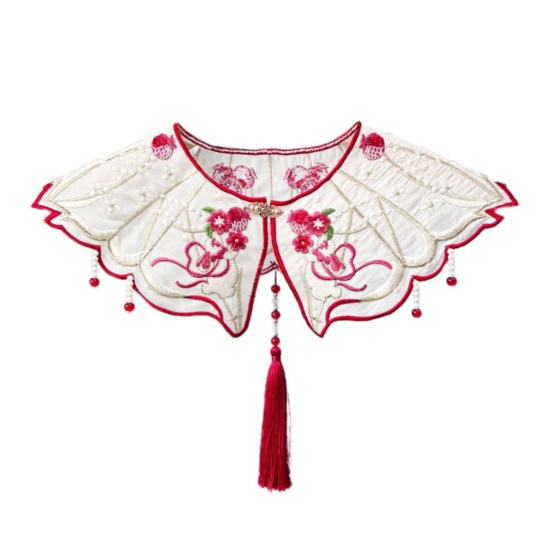Traditional Chinese Style Pearl Beaded Tassels False Collar Embroidered Rabbit Flower Small Cloud Shoulder Shawl Wrap