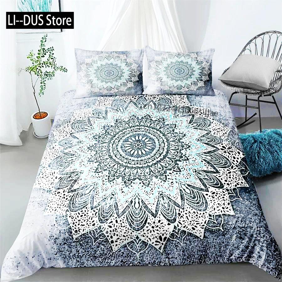 Conjunto de Capa de Edredom Mandala Roupa de Cama Boêmia Azul Rosa Elegante Boêmio Romântico King Poliéster Capa de Edredom Capa de Edredom Fronha